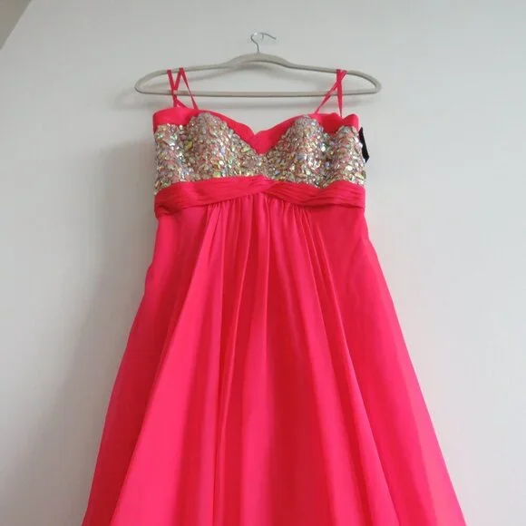 LA FEMME 18733 Beaded Bodice Chiffon Strapless Maxi Prom Dress Watermelon 4 NWT - Picture 8 of 15